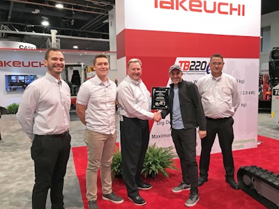 Feenaughty Machinery’s presentation at ConExpo included, left to right, Robert Vistad, Takeuchi regional business manager (RBM) West region; Brendan Green, Feenaughty general manager; Hampton Wideman, Takeuchi RBM Southwest region; Randy Harris, Feenaughty president; and Mike Schebetka, Takeuchi RBM West region.