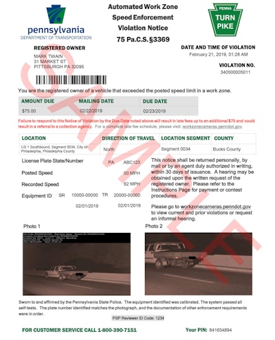 Pennsylvania speed camera automated work zone speed enforcement ticket sample