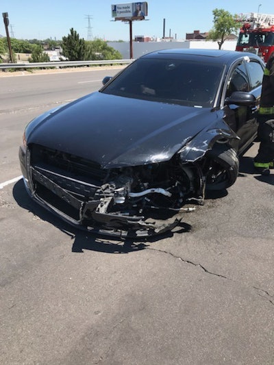 The driver of this car crashed into a work zone June 15 in St. Louis. Photo credit: MoDOT