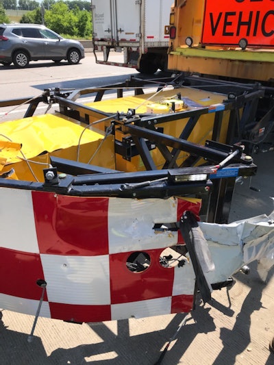 This attenuator was struck in one of two separate crashes in Missouri DOT work zones on June 15. Photo credit: MoDOT