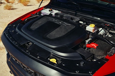 2021 Ram 1500 TRX under hood air box. New air induction system brings half the air through the hood scoop.
