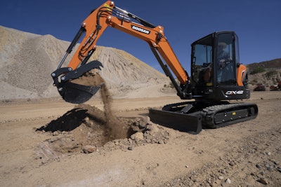 The 42.6-horsepower Doosan DX42-5K compact excavator has a maximum dig depth of 10 feet 5 inches.