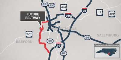 Map of the future I-295 Fayetteville Outer Loop by the NCDOT