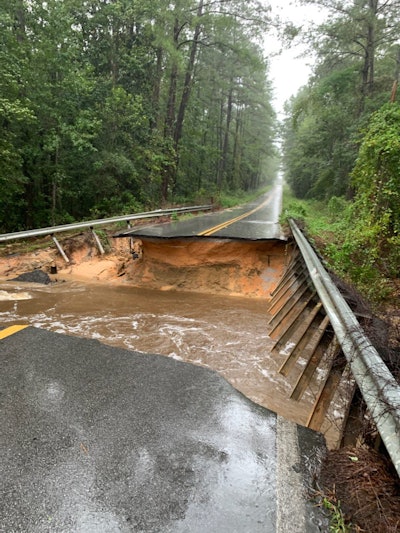 Washout of road in Walton County, Florida, due to flooding from Hurricane Sally. Photo credit: Walton County Sheriff’s Office