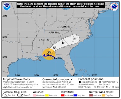 Hurricane Sally track by the National Hurricane Center as of 1 p.m. CDT September 16.