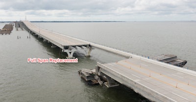 This span on the Pensacola Bay Bridge was damaged by a barge during Hurricane Sally. Photo credit: Florida DOT