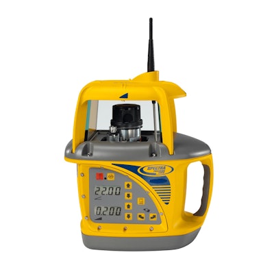 Trimble’s Roadworks 2D Paving Control uses the company’s GL700 Grade Laser, shown above, with its LR410 Laser Receiver to reference a laser plane for asphalt thickness control.