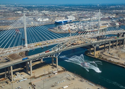 The new bridge for the Port of Long Beach is the second-tallest cable-stayed bridge in the country and has the highest deck for a U.S. cable-stayed bridge. It replaces the Gerald Desmond Bridge, foreground, which will be demolished. Photo credit: Port of Long Beach