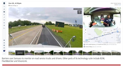 Samsara on-road service showing view from inside truck and view of driver, as well as route map