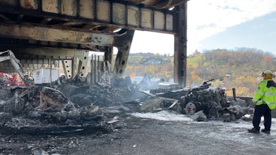 The aftermath of a crash that has shut down the Brent Spence Bridge between Covington, Kentucky, and Cincinnati, Ohio. Photo credit: Kentucky Transportation Cabinet District 6