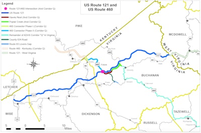 A map of current and future U.S. Route 460 between Virginia and Kentucky, along with other connections for Corridor Q, a project to open up isolated coal regions in the two states and West Virginia. Credit: VDOT
