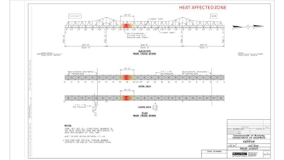 This diagram shows the spots on the bridge damaged by the fire. Credit: KYTC