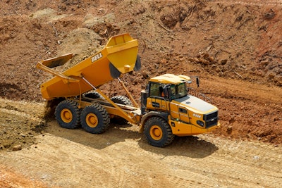 The Bell B30E is powered by a Mercedes-Benz inline, turbocharged 6-cylinder engine rated at 348 gross horsepower. Empty weight is 44,776 pounds. Payload rating is 30.8 tons. Two double-acting, single-stage dump cylinders give a raise time of 14.5 seconds and a lowering time of 7.5 seconds.