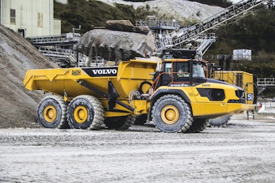 The 630-horsepower Volvo A60H has a payload capacity of 61 tons and 43.9 cubic yards heaped. The front grill swings down to provide a service platform with anti-slip steps, while the electric hood opens 90 degrees for full access to the engine compartment. Onboard weighing data and other information are displayed on the 10-inch Co-Pilot display using the Haul Assist feature.