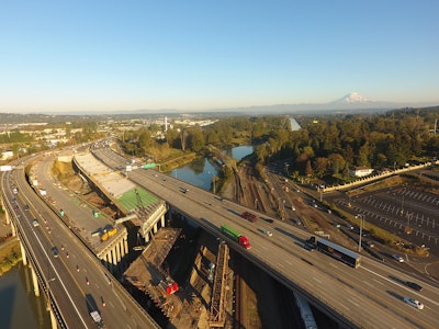 A drone shot of the construction site of the southbound I-5 Puyallup River Bridge. Photo credit: WSDOT