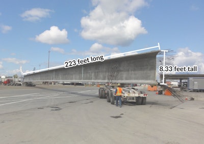 The longest prestressed girder ever built in North America is prepared for transport to its new home on the future I-5 Puyallup River Bridge in Tacoma, Washington. Photo credit: WSDOT