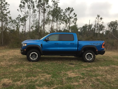 The black TRX badging on the rear quarter panel is sized just right and goes great with hydro-blue pearl.