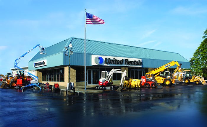 United Rentals building with construction equipment parked around it