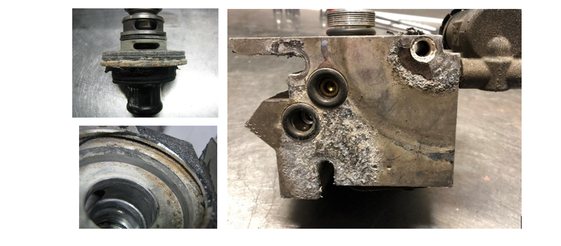 Bendix Tech Tip images of air dryer corrosion (left) and air dryer purge valve corrosion (right).