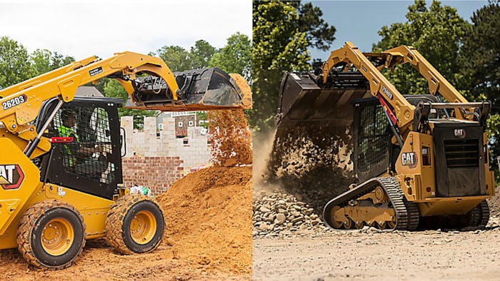 CAT skid steer and a CAT compact track loader dumping their buckets of dirt