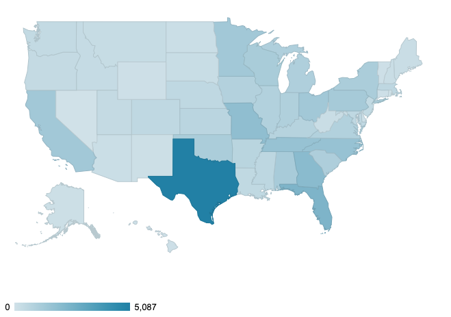 map of the US with states colored in different shades of blue