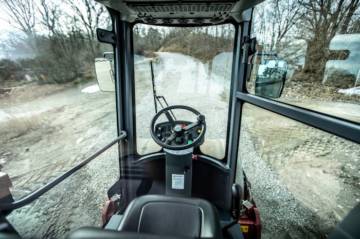Inside cab of Dynapac soil compactor
