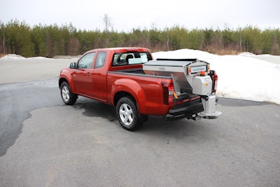 Hilltip's new IceStriker 500 salt and sand spreader on pickup truck