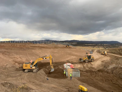 Backfilling and grading operations over the plate arch culvert at the Eagle Airport in Eagle, Colorado. In this photo, crews were nearing final elevations.