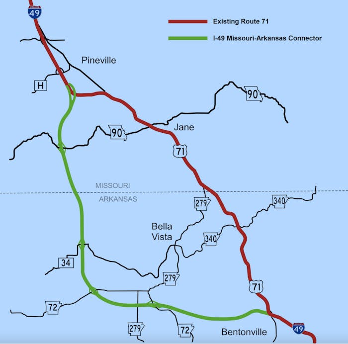 I-49 Missouri-Arkansas Connector route on a map