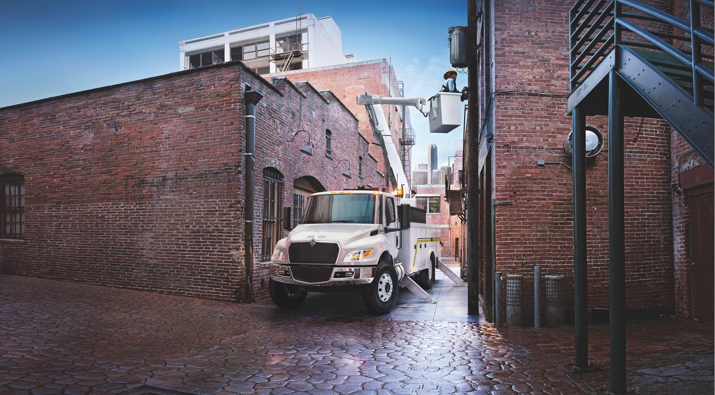International MV Series medium duty truck in an alley