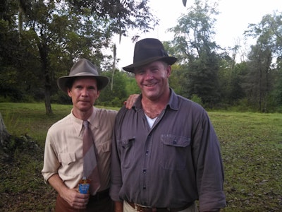 Actor Sean Bridgers on Trumbo movie set with Erik Christenbury