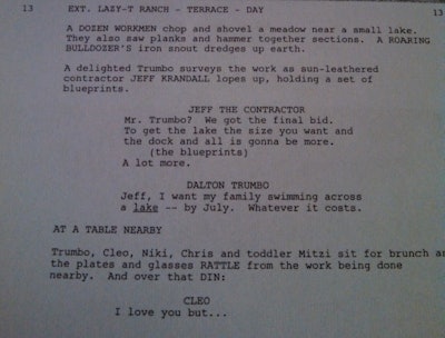 Trumbo movie script excerpt pond building scene
