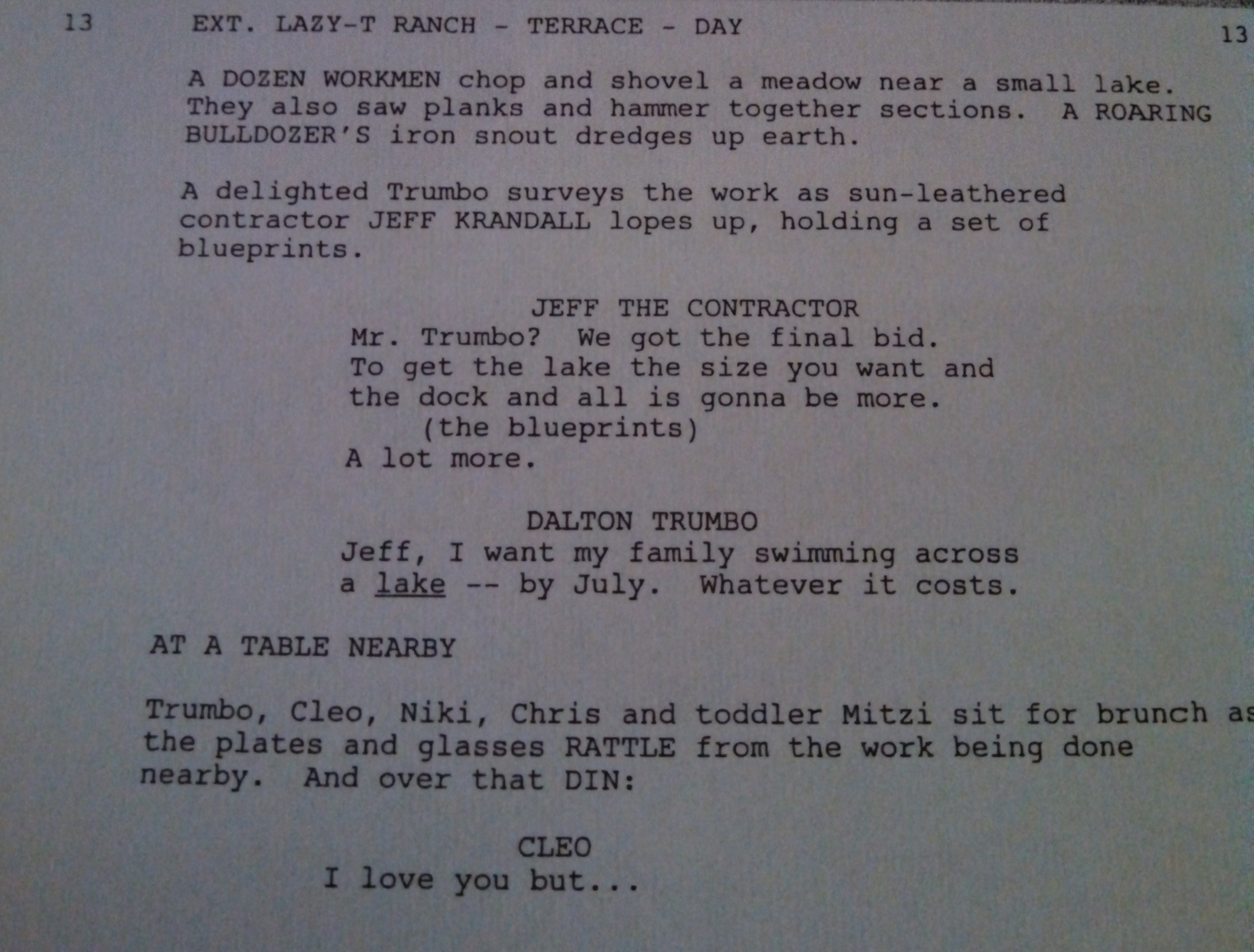 Trumbo movie script excerpt pond building scene