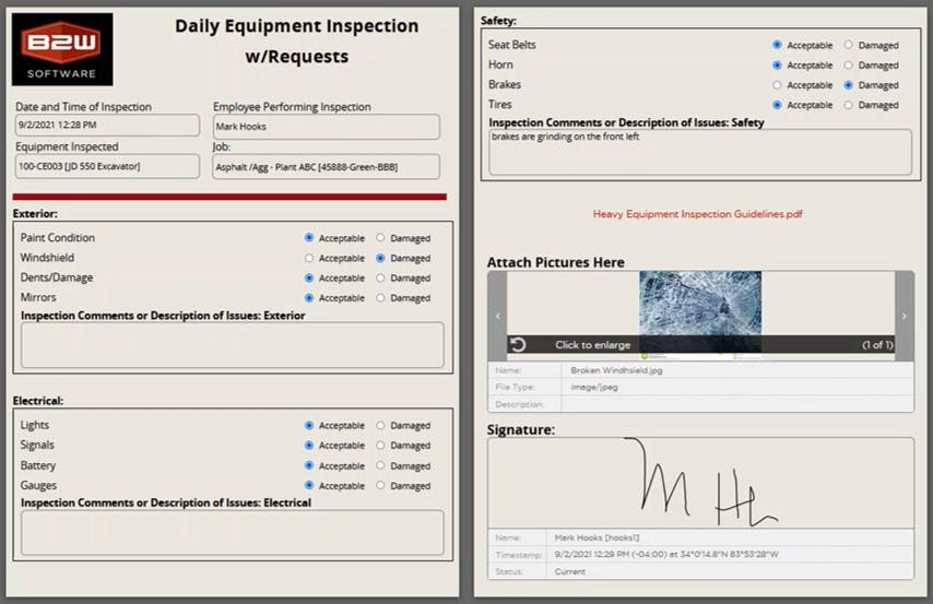 B2W's Equipment Inspection API form.