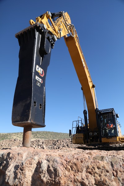 The Cat H215 Hammer attachment on an excavator