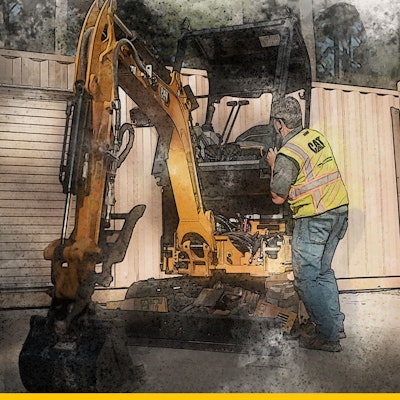 Cat worker making adjustments on a Cat excavator