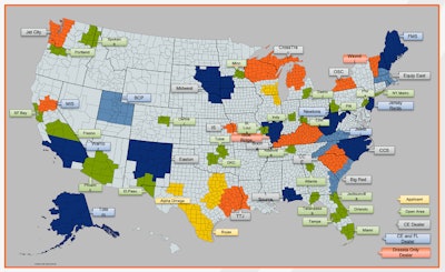 The green areas in this map indicate locations that LiuGong North America is targeting for dealer acquisition. (As of September, 2021; Alpha & Omega in Texas has since signed on.)