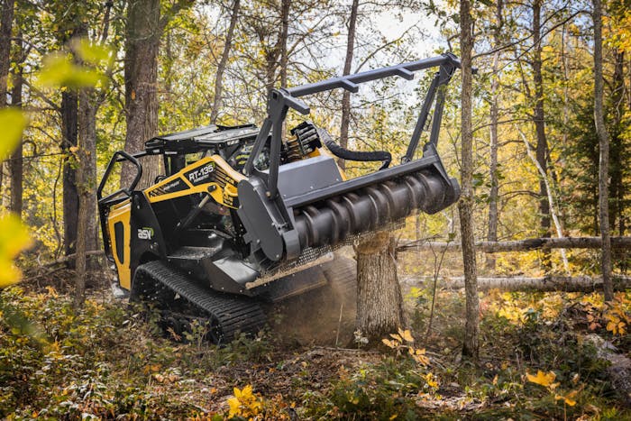 ASV RT-135F mulching a tree.