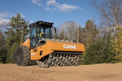 Case Construction Equipment SV217E single-drum vibratory roller at a jobsite.