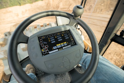 Steering wheel display in Case SV217E single-drum vibratory roller.