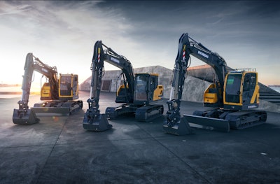 The Hyundai HX130A LCR, HX140A L and HX145A LCR excavators parked on a concrete pad.