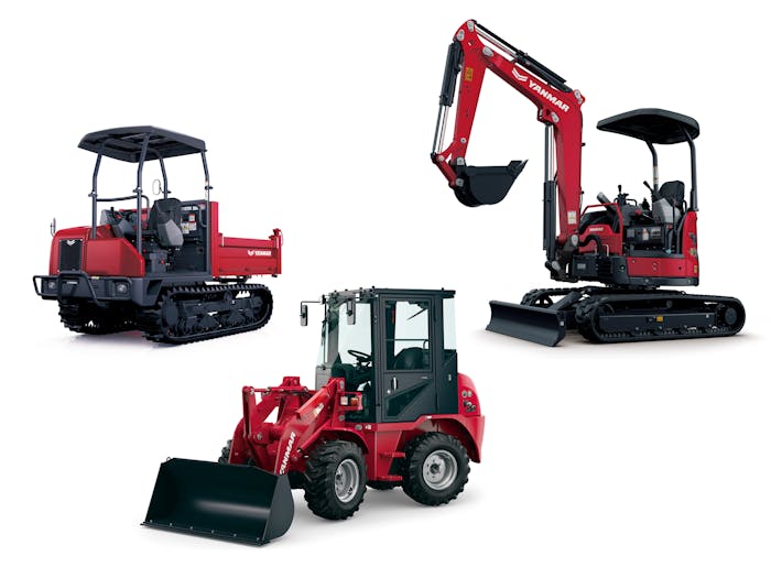Yanmar tracked carrier, mini excavator and compact wheel loader in premium red paint scheme