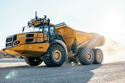 Bell Trucks articulated dump truck outfit with artificial intelligence technology.