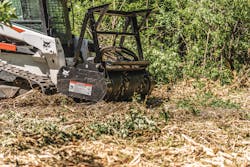 Bobcat loader drum mulched clearing brush.