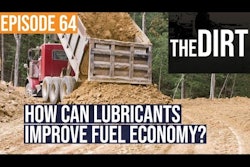 Dump truck dumping a load of dirt with text overlay that reads: Episode 64 The Dirt How can Lubricants Improve Fuel Economy