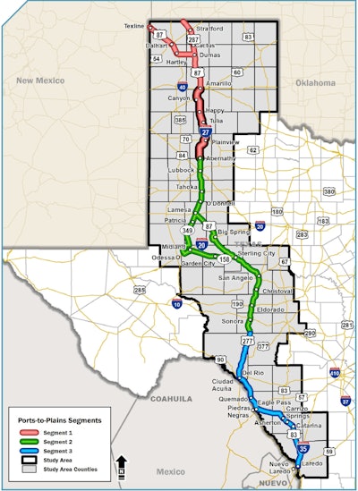 Texas map of I-27 ports-to-plains corrider