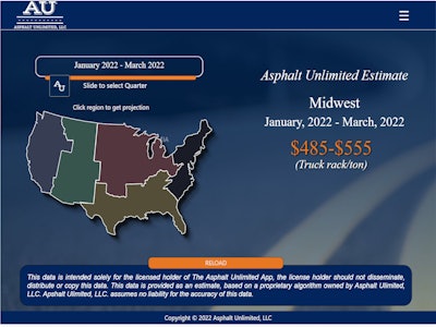 screen shot of The Asphalt App predictor for liquid asphalt prices