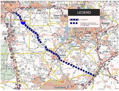 road map with possible route of future I-685 in central North Carolina along U.S. 421