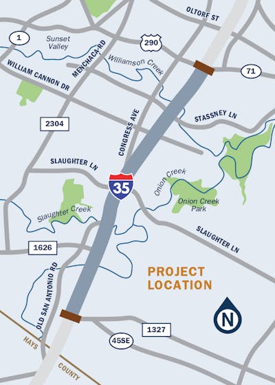 map I-35 Capital Express South widening project Austin