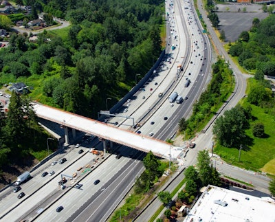 East L Street Bridge over I-5 aerial view of bridge under construction